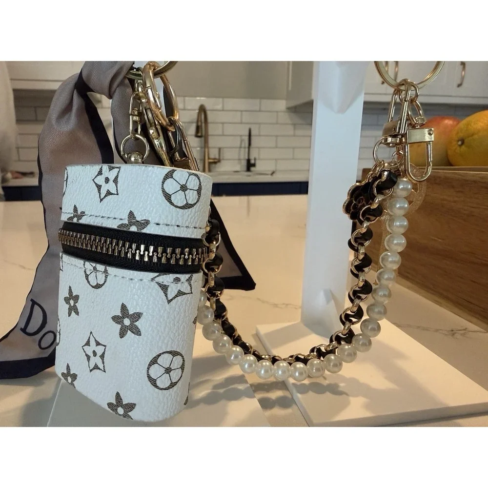Fashion Bag Charm - White Monogram, Gold Tone Chain, Key, Rhinestone, Detachable